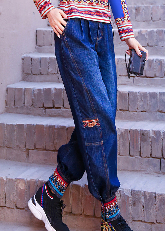 Blue High Waist Print Cotton Denim Beam Pants Spring
