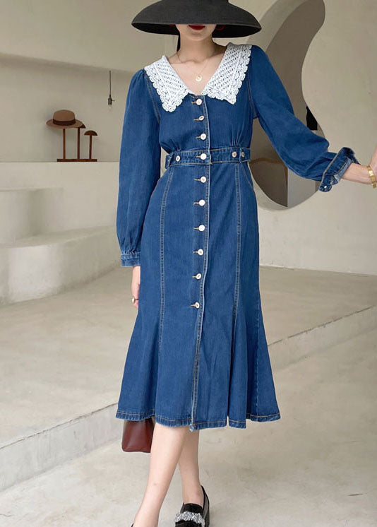 Dark Blue Slim Fit Button Denim Dress Spring