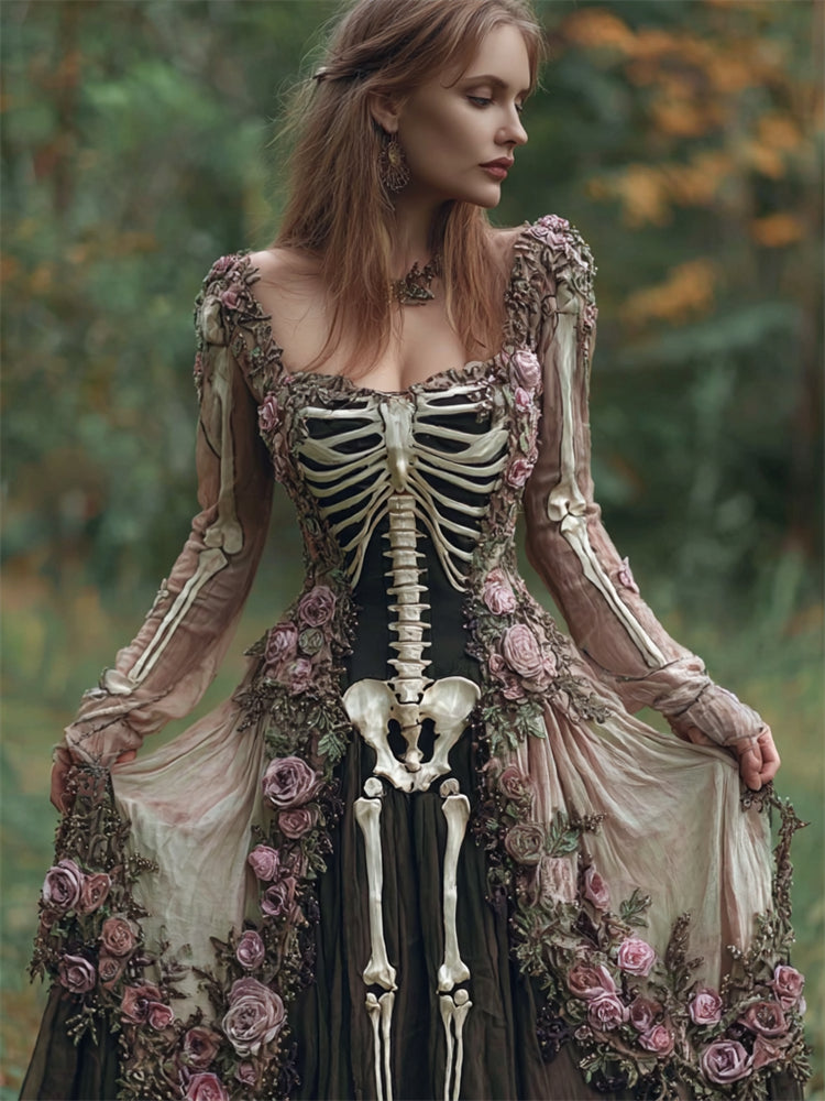 Comstylish Vintage Skeleton Floral Fiber Art Flowy Linen Maxi Dress