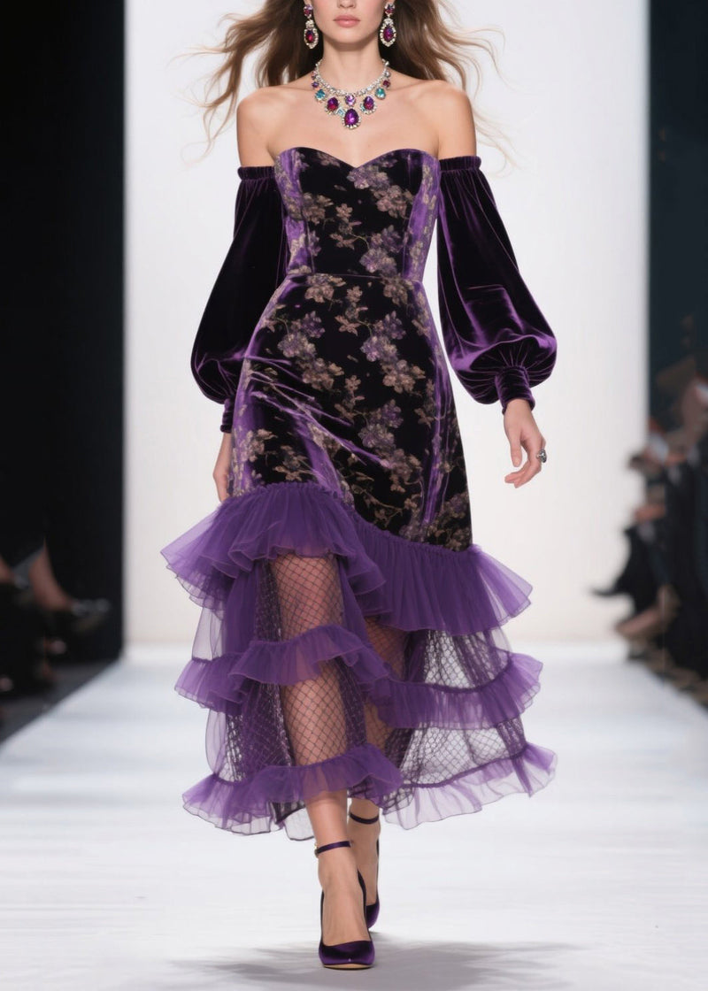 Art Purple Cold Shoulder Print Ruffled Velvet Dress Fall
