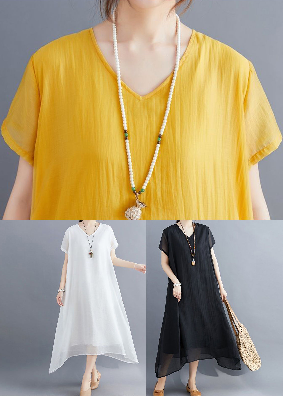 Classy White V Neck Exra Large Hem Cotton a Line Dresses Summer