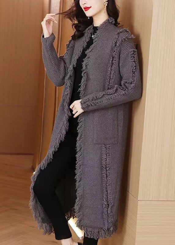 Grey Tasseled Pockets Knit Cardigan Winter