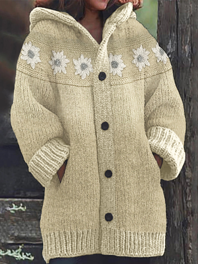 Vintage Flowers Crochet Yoke Cozy Knit Hooded Cardigan elevenforest