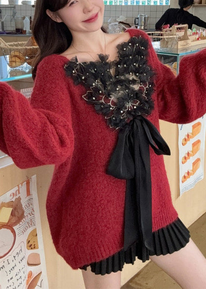 Style Red Wear on Both Sides Patchwork Bow Knit Sweaters Winter