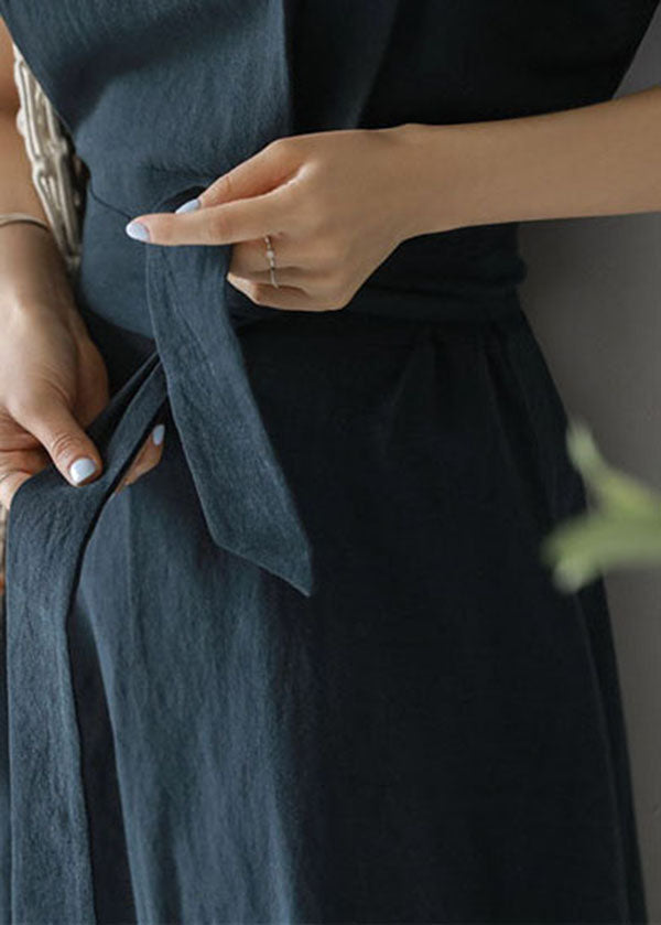 Navy O Neck Patchwork Side Open Tie Waist Cotton Dresses Summer