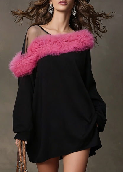 Black One Shoulder Patchwork Faux Fur Mini Dresses Spring