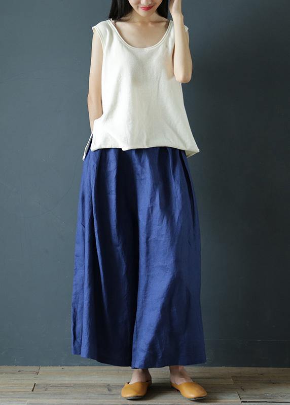 Literary Linen Navy Blue Cropped Trousers and Pants National Style