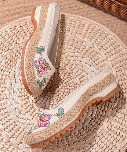 Beige Butterfly Embroideried Splicing Linen Fabric Slide Sandals