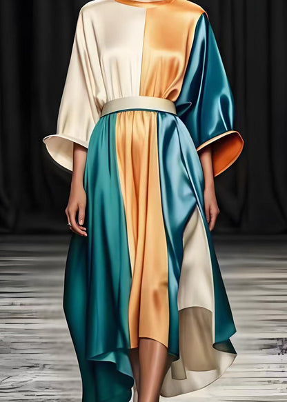 Colorblock Cinched Patchwork Silk Long Dresses Spring