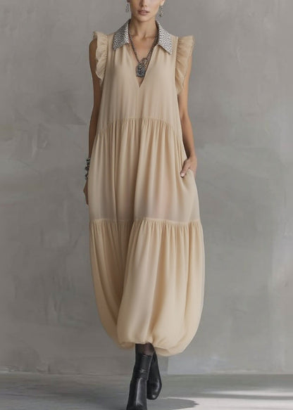 Simple Apricot Peter Pan Collar Wrinkled Chiffon Maxi Dresses Summer