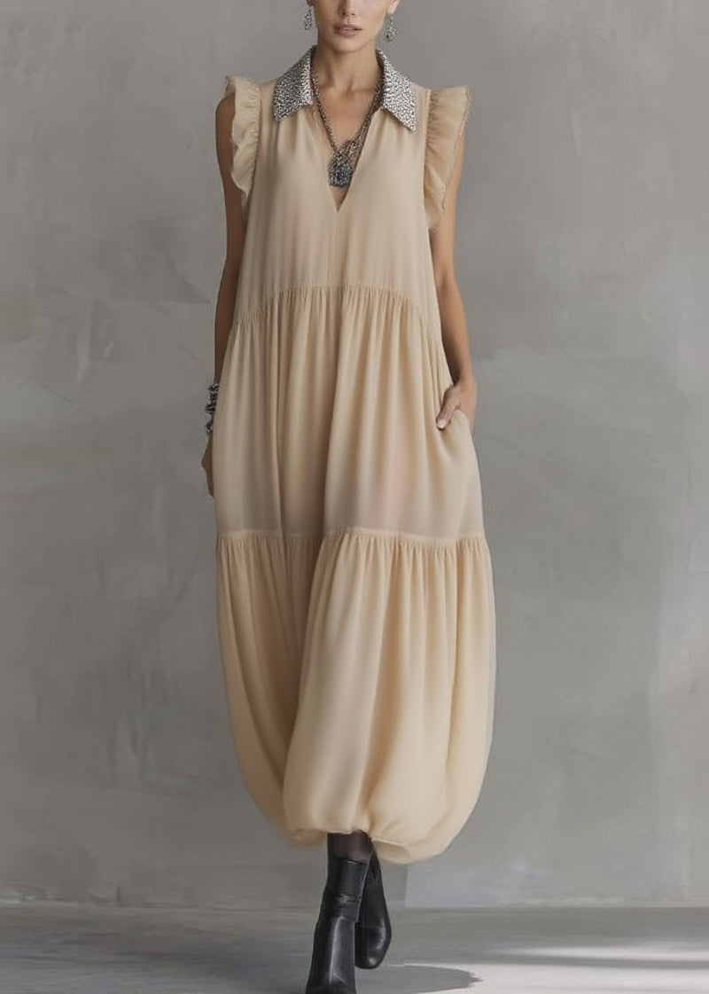 Simple Apricot Peter Pan Collar Wrinkled Chiffon Maxi Dresses Summer