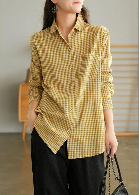 Yellow Plaid Retro Pockets Spring Long Sleeve Blouse Top