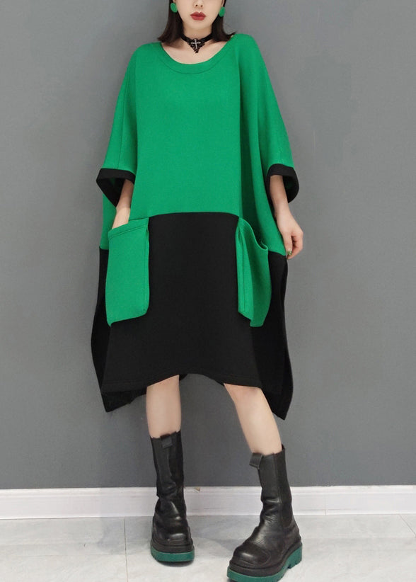 Green O Neck Pockets Patchwork Cotton Mid Dresses Fall