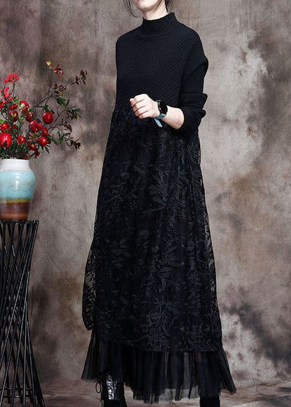 Black Knit Patchwork Asymmetrical Design Fall Knit Dress