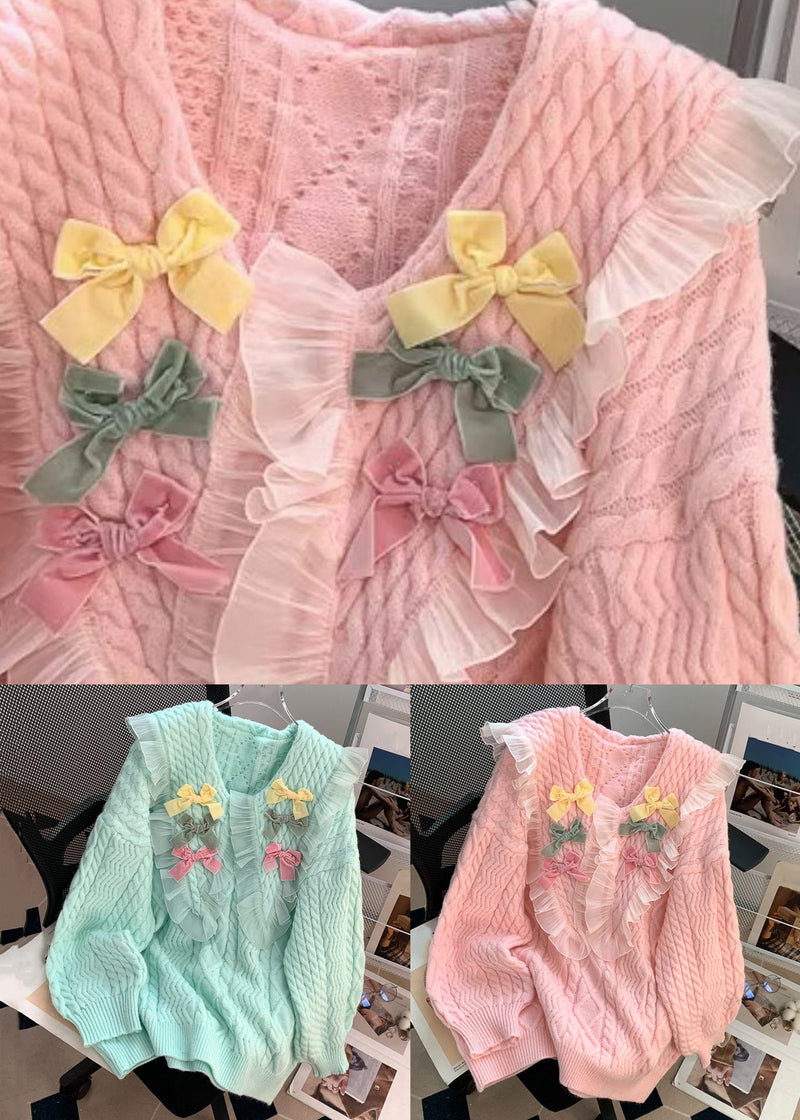 Pink Peter Pan Collar Patchwork Cotton Knit Sweaters Fall