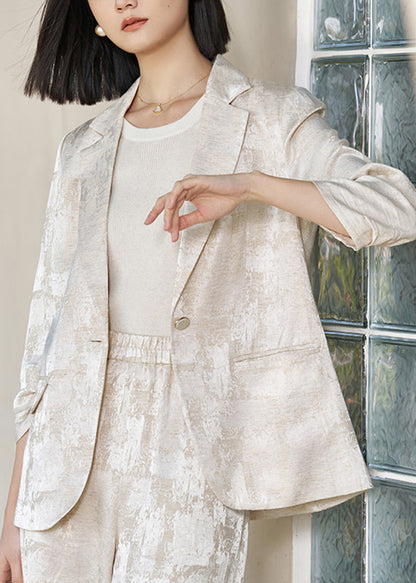 Beige Notched Tie Dye Linen Coats Fall
