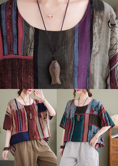 Chocolate Red Print Cotton Loose Tank Tops O-neck Short Sleeve