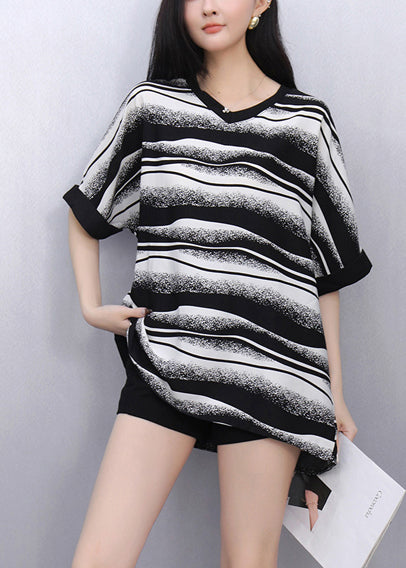 Black Oversized Striped Chiffon Tops Summer