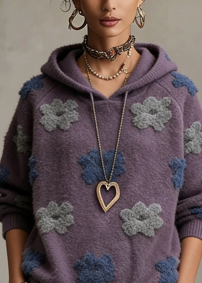 Purple Hooded Cotton Knit Sweaters Spring
