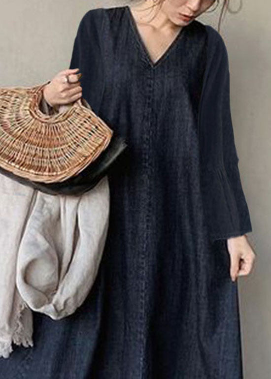 Navy V Neck Patchwork Loose Waist Cotton Dress Spring