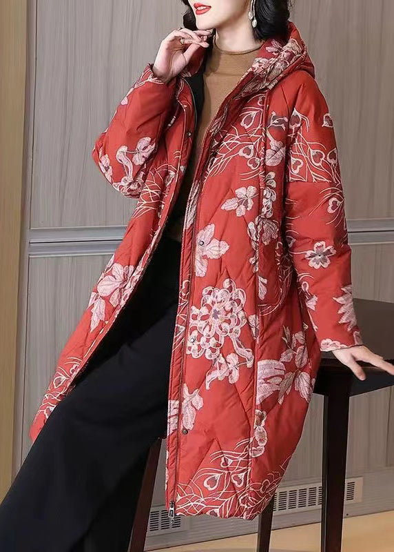 Black Hooded Print Pockets Duck Down Down Coat Winter