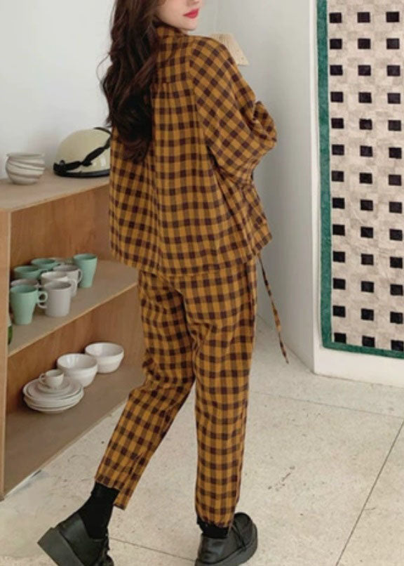 Handmade Khaki O-neck Button Plaid Warm Fleece Two Piece Outfit Spring