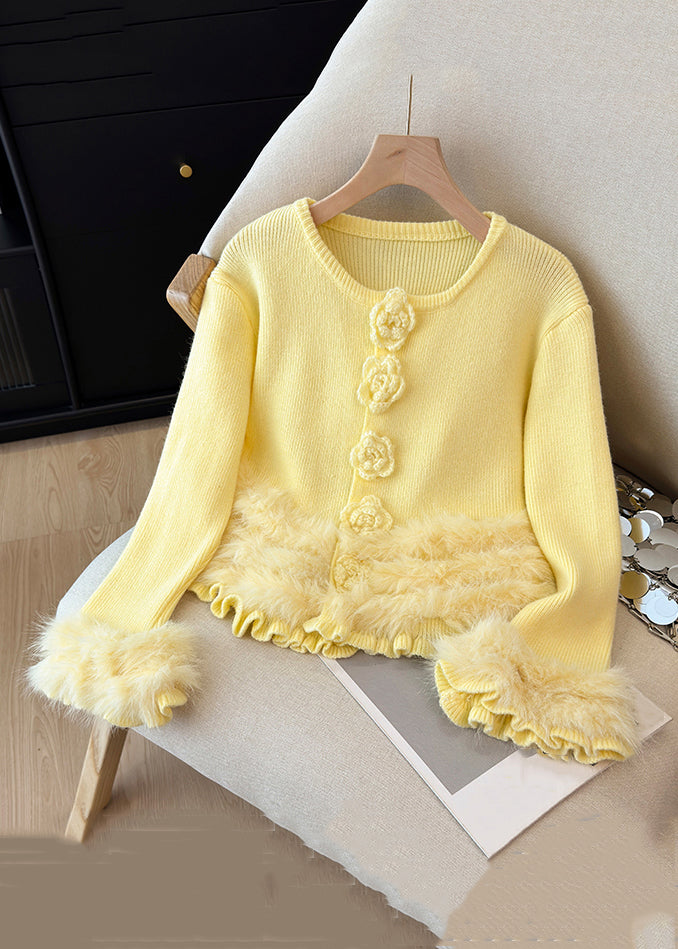 Yellow O Neck Fluffy Patchwork Knit Sweater Winter