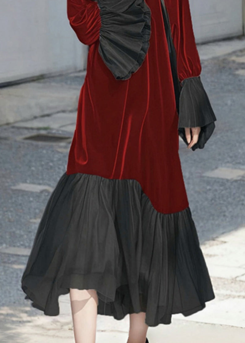 French Red O-neck Patchwork Silk Velvet Long Dress Flare Sleeve Fall