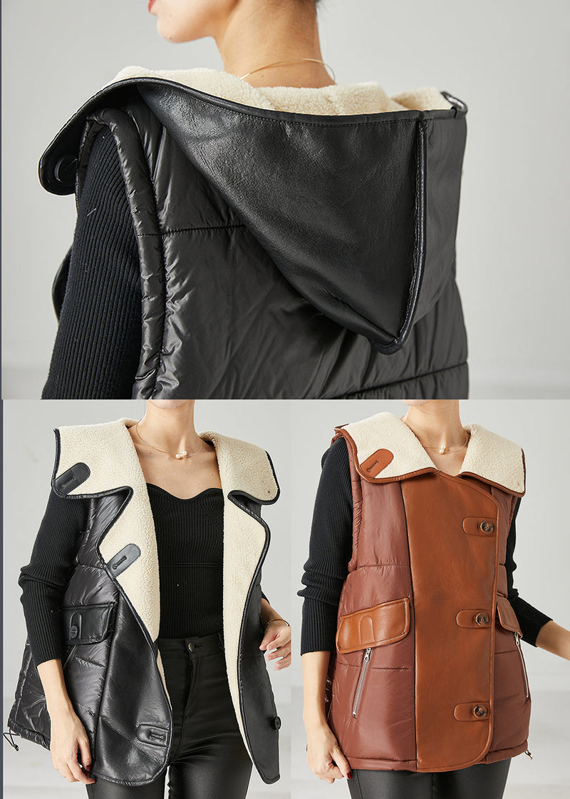 Black Oversized Patchwork Faux Leather Fine Cotton Filled Vests Spring