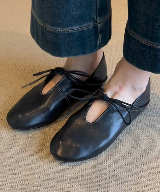 Black Cowhide Leather Lace Up Splicing Flat Shoes