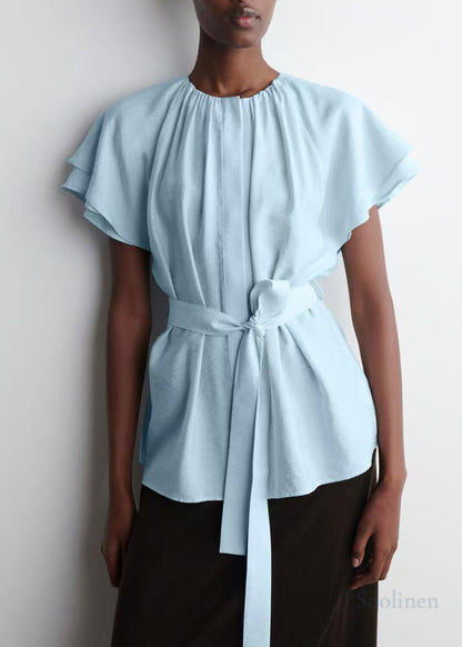 Blue Tie Waist Cotton Top Cloak Sleeves