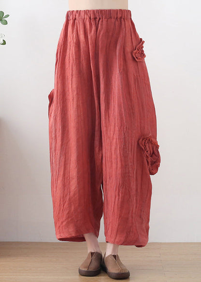 Red Elastic Waist Pockets Linen Harem Pants Summer