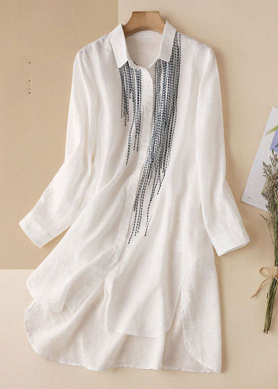 White Embroideried Low High Design Cotton Linen Long Shirt Top Long Sleeve