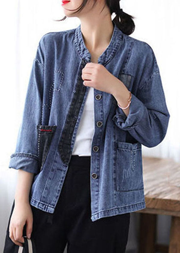 Blue Stand Collar Patchwork Button Denim Coats Spring