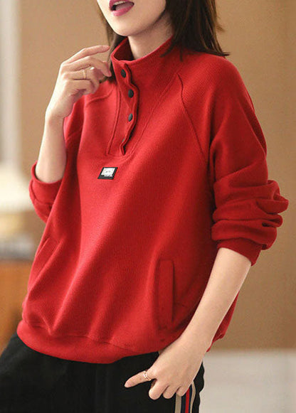 Green Pockets Cotton Pullover Stand Collar Oversized Long Sleeve