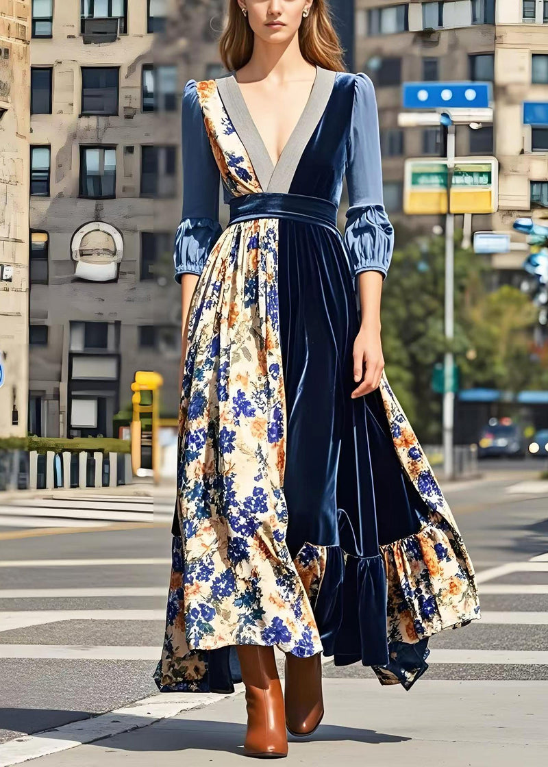 Print Patchwork Exra Large Hem Silk Velour Long Dresses Spring