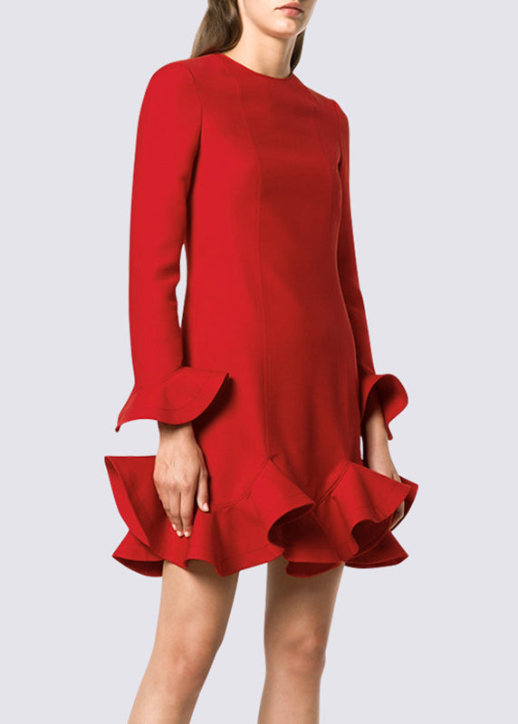 Red O-neck Ruffled Patchwork Mid Dress Spring