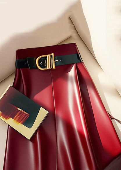 Stylish Red Sashes High Waist Faux Leather Skirts Spring