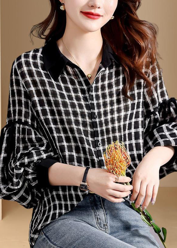 Black Plaid Patchwork Button Shirt Long Sleeve