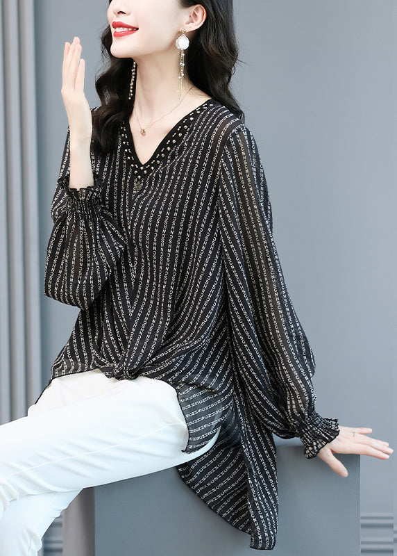Black V Neck Striped Side Open Low High Design Chiffon Shirts Long Sleeve
