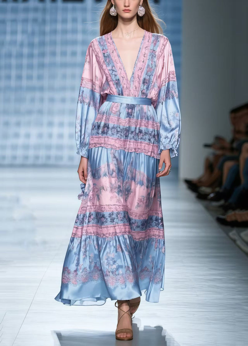Colorblock V Neck Print Silk Tunic Dresses Spring