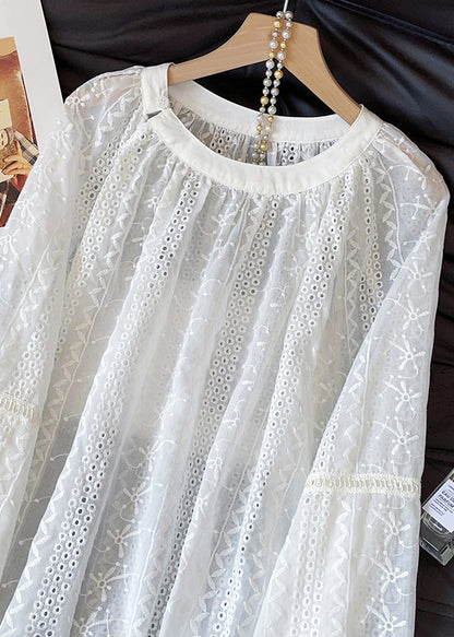 French White Embroidered Hollow Out Cotton Shirts Fall