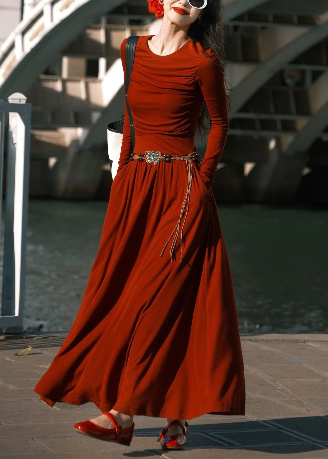 Red O-neck Pockets Cotton Long Dress Spring