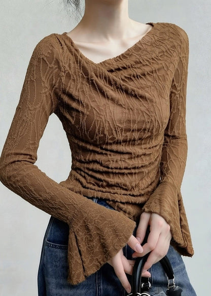 Coffee Asymmetrical Print T Shirt Flare Sleeve