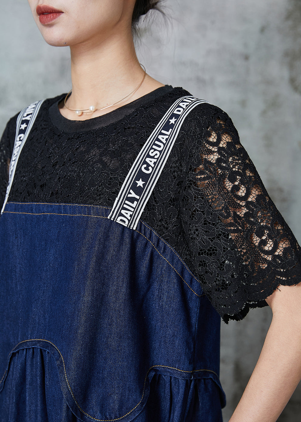 Navy Patchwork Denim Fake Two Piece Dress Summer