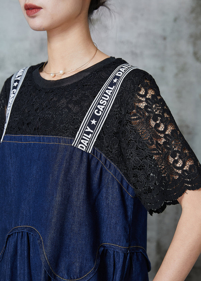 Navy Patchwork Denim Fake Two Piece Dress Summer