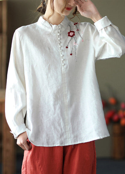 Navy Stand Collar Embroideried Button Linen Shirts Long Sleeve