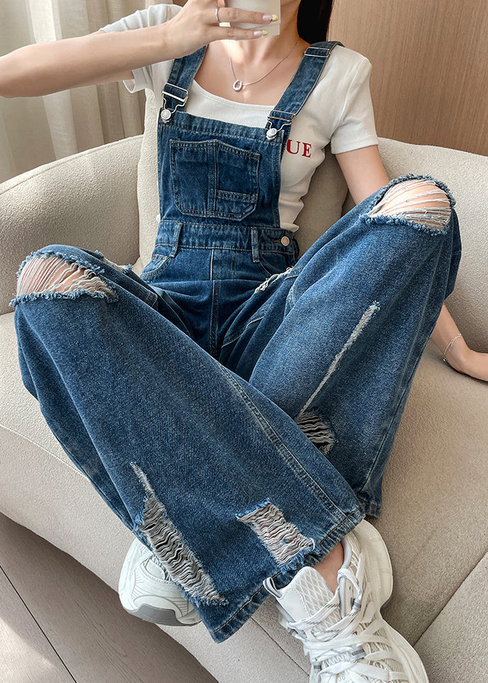 New Blue Ripped Denim Wide Leg Overalls Jumpsuit Fall