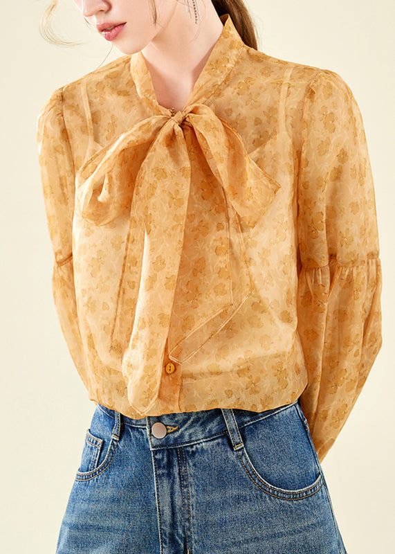 Orange Stand Collar Chiffon Top Lantern Sleeve