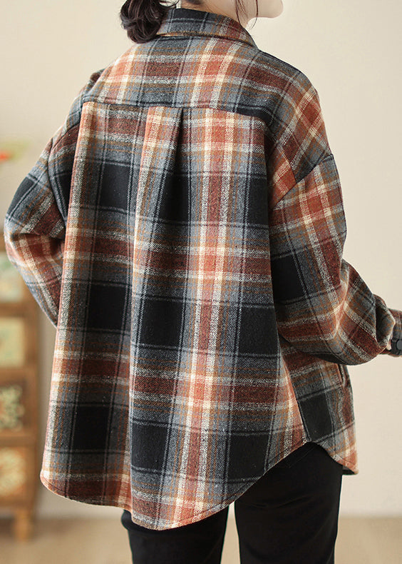Loose Peter Pan Collar Plaid Warm Fleece Shirt Top Spring